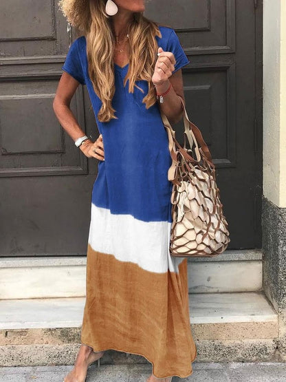 Dress for Women – Maxi Dress – Relaxed Fit – V-Neck – Short Sleeve – Breathable Fabric – Striped Patchwork