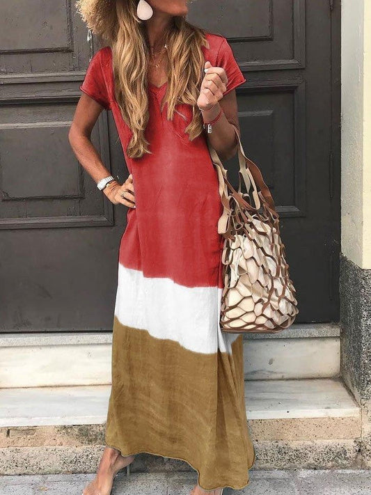 Dress for Women – Maxi Dress – Relaxed Fit – V-Neck – Short Sleeve – Breathable Fabric – Striped Patchwork
