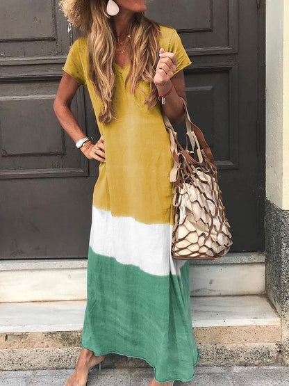 Dress for Women – Maxi Dress – Relaxed Fit – V-Neck – Short Sleeve – Breathable Fabric – Striped Patchwork