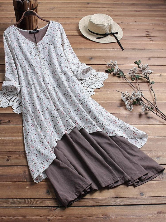 Women's Maxi Dress – Floral Print – V-Neckline – Long Sleeves – Breathable Fabric – Vintage Style