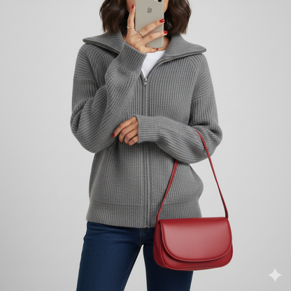 Women's Cardigan – Fitted Fit – Ribbed Knit Wool – High Collar – Zipper Closure