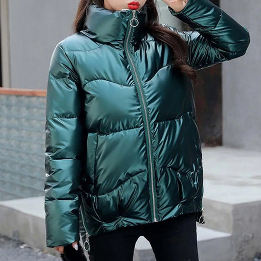 Women's Puffer Jacket - Quilted and Lightweight - High Collar - Glossy Finish - Warm and Comfortable