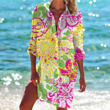 Women's Tunic Beach Dress – Relaxed Fit – Breathable Fabric – Button Front