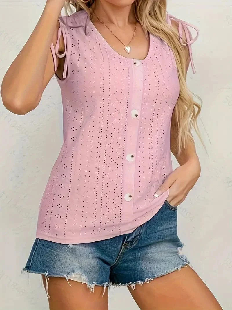 Women's Sleeveless Blouse – Button Front – Adjustable Shoulder Straps – Textured Fabric