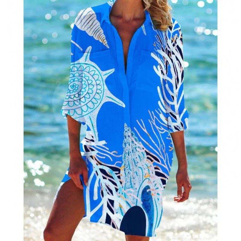 Women's Tunic Beach Dress – Relaxed Fit – Breathable Fabric – Button Front