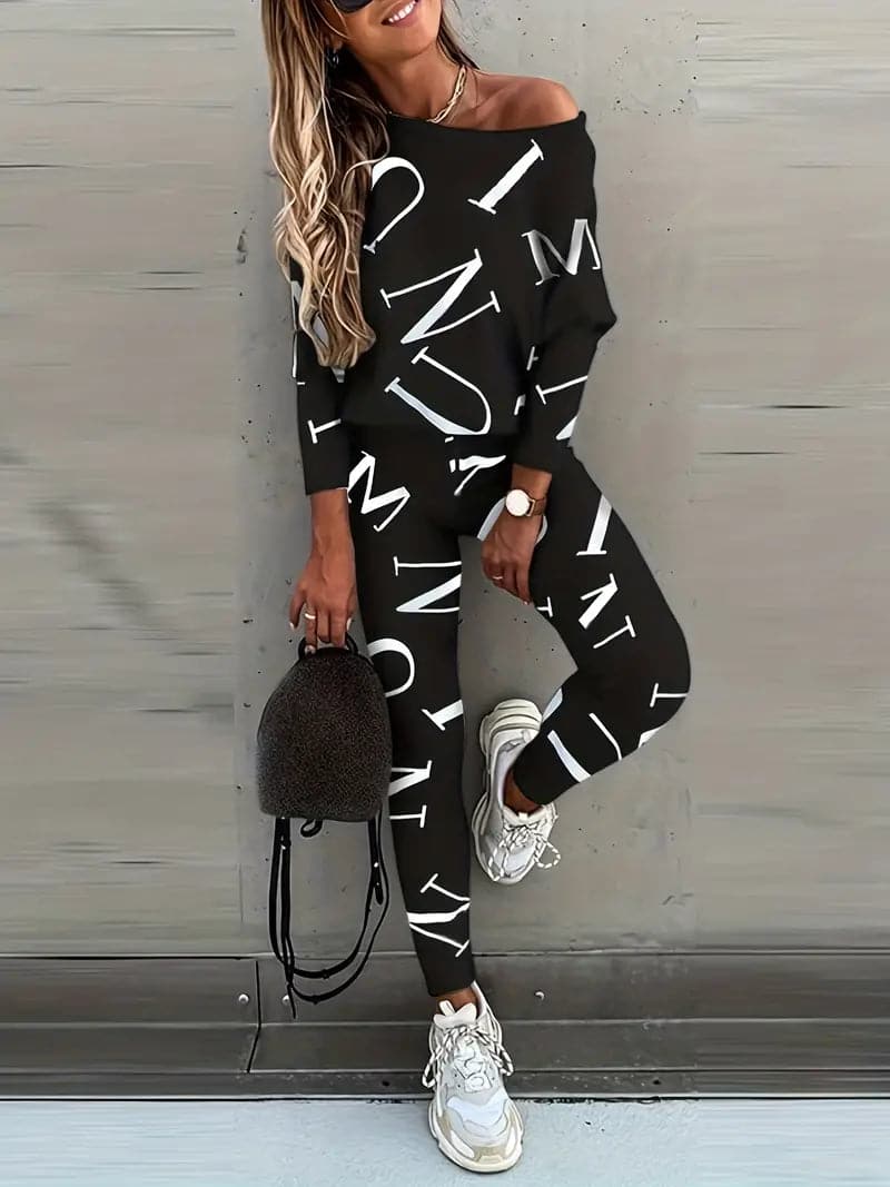 Dame Lounge Sett - Avslappet Off-Shoulder Genser & Høytlivs Leggings - Myk Komfort