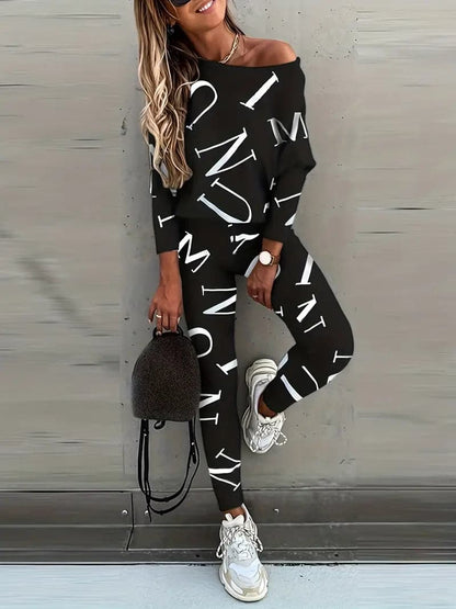 Dame Lounge Sett - Avslappet Off-Shoulder Genser & Høytlivs Leggings - Myk Komfort