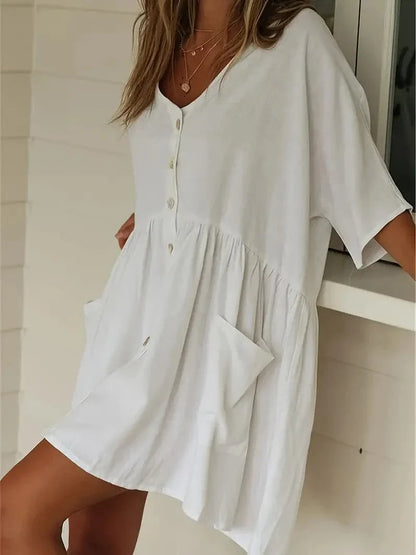 Dame Tunika Kjole - Oversized Passform - V-hals med Knappestolpe - Korte Ermer - Lommer