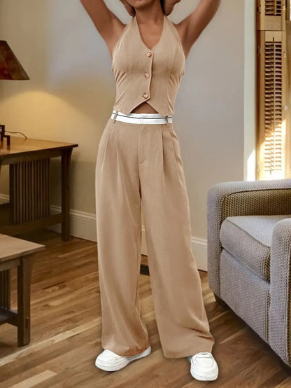 Women's Two-Piece Set – Halterneck Top with Buttons – High-Waisted Wide Pants – Elegant Fit