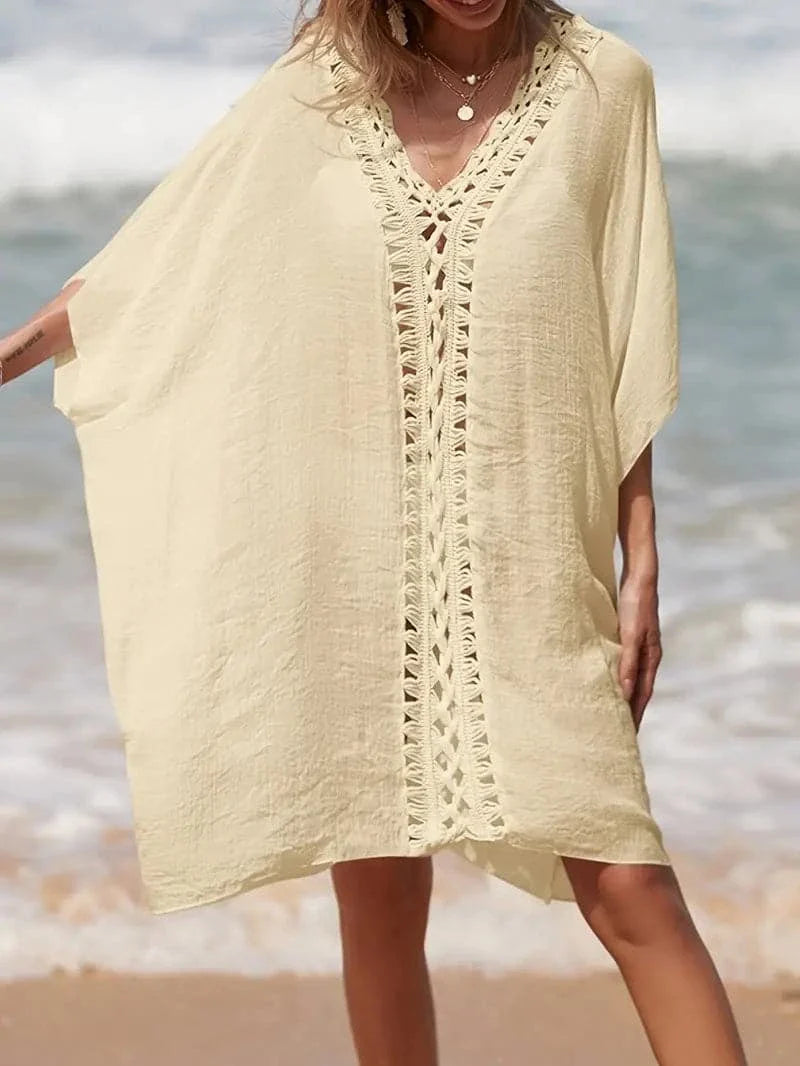 Women's Beach Dress – Light and Airy – V-neck with Crochet Details – Loose Fit – Short Sleeves