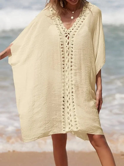 Women's Beach Dress – Light and Airy – V-neck with Crochet Details – Loose Fit – Short Sleeves