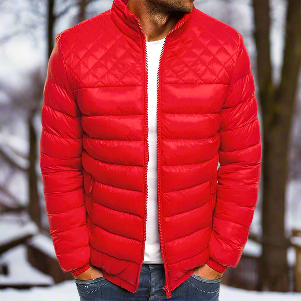 Men's Padded Jacket - Quilted Design - Stand Collar - Zipper - Slim Fit