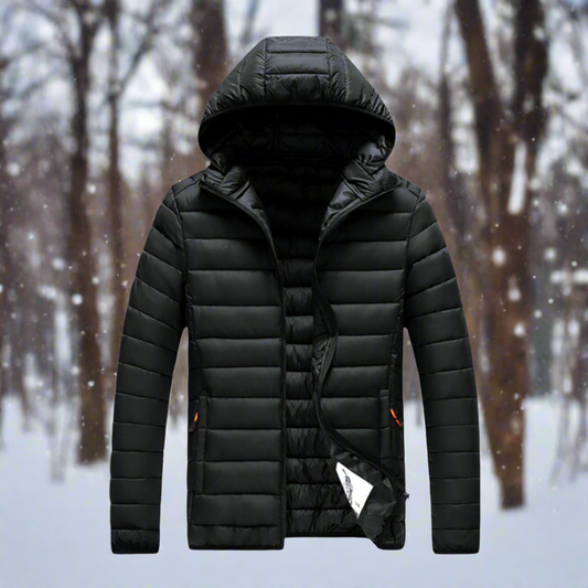 Men's Puffer Jacket - Quilted and Padded - Hood and Zipper - Warm and Comfortable