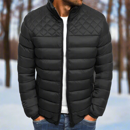 Men's Padded Jacket - Quilted Design - Stand Collar - Zipper - Slim Fit