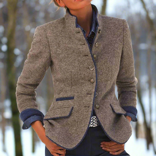 Women's Blazer - Wool Blend - Tailored with Stand-Up Collar - Buttons and Pockets