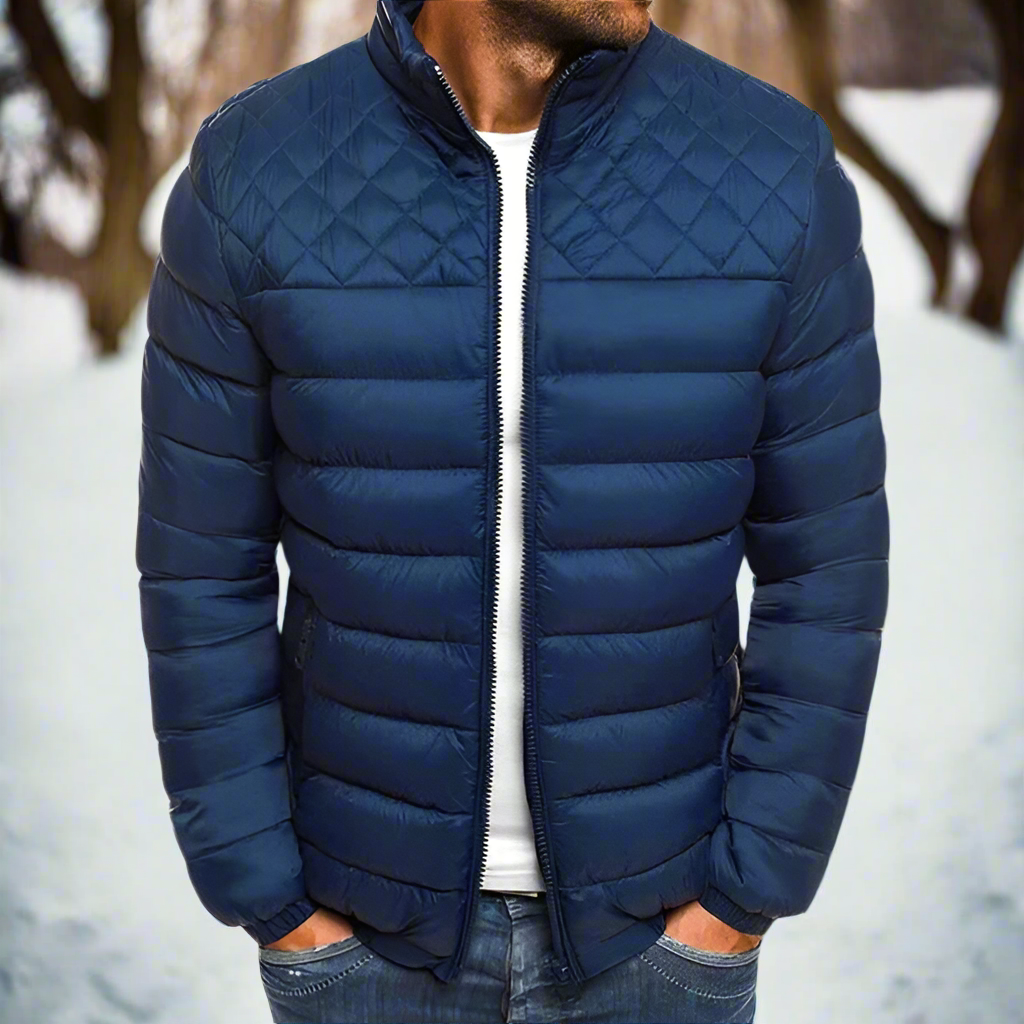 Men's Padded Jacket - Quilted Design - Stand Collar - Zipper - Slim Fit