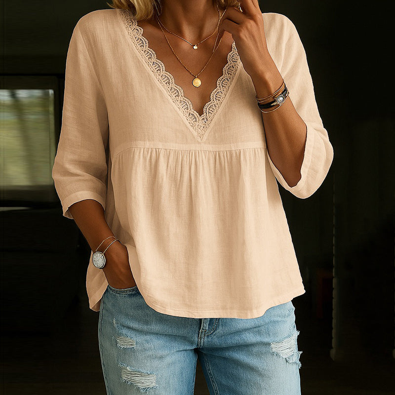 Women's V-neck T-shirt – Relaxed fit – Natural fibers – Lace trim – 3/4 sleeve