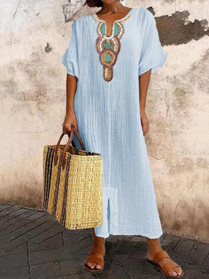 Women's Caftan Dress – Relaxed Fit – Embroidered Neckline – Breathable Fabric