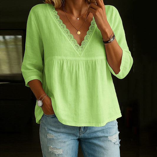 Women's V-neck T-shirt – Relaxed fit – Natural fibers – Lace trim – 3/4 sleeve