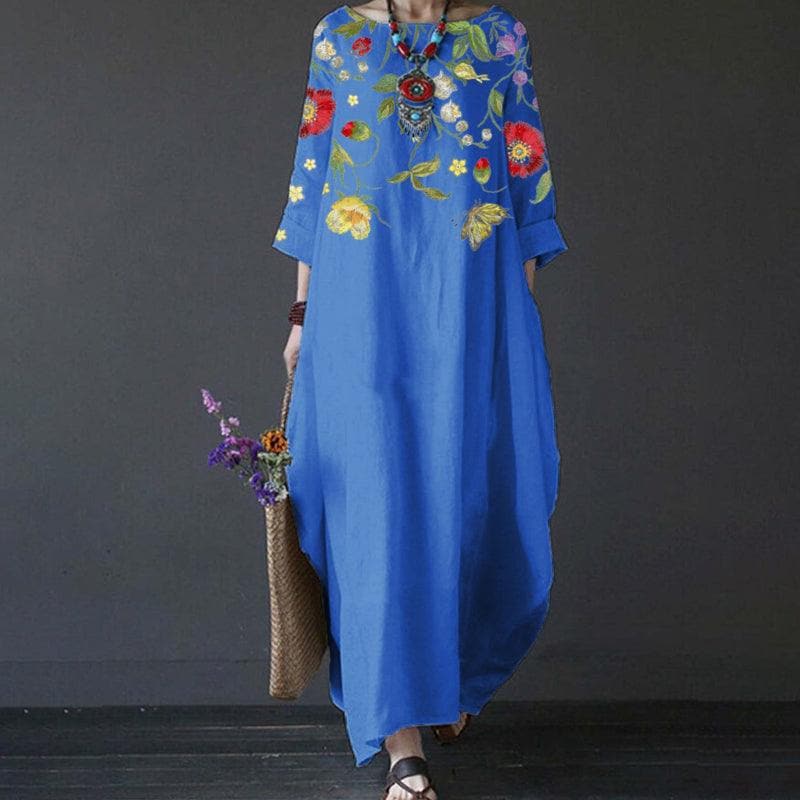 Women's Maxi Dress - Long Sleeved - Loose Fit - Embroidered Floral Design - Bohemian Style