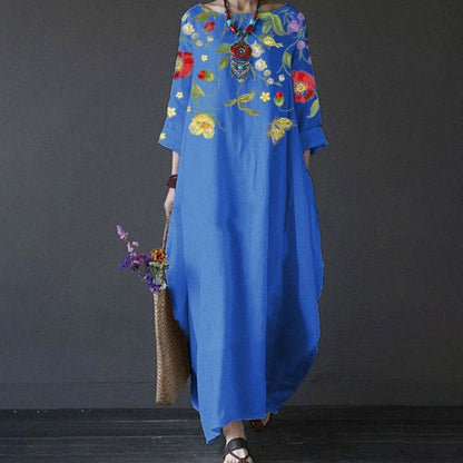 Women's Maxi Dress - Long Sleeved - Loose Fit - Embroidered Floral Design - Bohemian Style