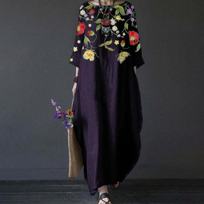 Women's Maxi Dress - Long Sleeved - Loose Fit - Embroidered Floral Design - Bohemian Style