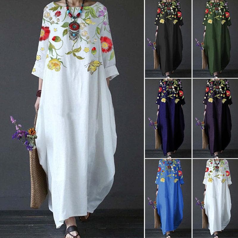 Women's Maxi Dress - Long Sleeved - Loose Fit - Embroidered Floral Design - Bohemian Style