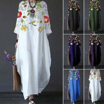 Women's Maxi Dress - Long Sleeved - Loose Fit - Embroidered Floral Design - Bohemian Style