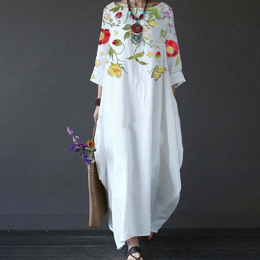 Women's Maxi Dress - Long Sleeved - Loose Fit - Embroidered Floral Design - Bohemian Style