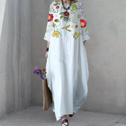 Women's Maxi Dress - Long Sleeved - Loose Fit - Embroidered Floral Design - Bohemian Style