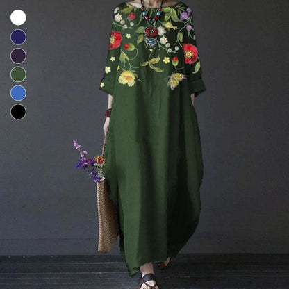 Women's Maxi Dress - Long Sleeved - Loose Fit - Embroidered Floral Design - Bohemian Style