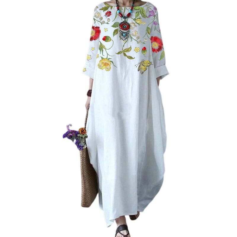 Women's Maxi Dress - Long Sleeved - Loose Fit - Embroidered Floral Design - Bohemian Style