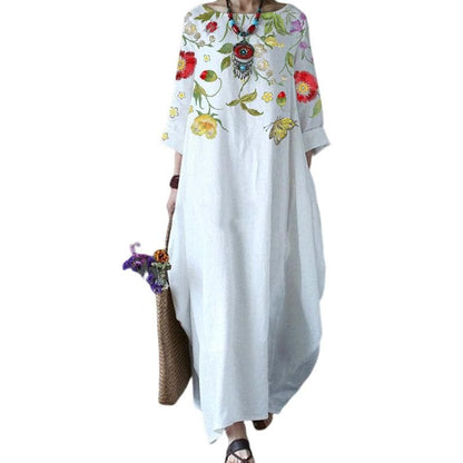 Women's Maxi Dress - Long Sleeved - Loose Fit - Embroidered Floral Design - Bohemian Style