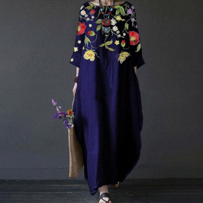Women's Maxi Dress - Long Sleeved - Loose Fit - Embroidered Floral Design - Bohemian Style