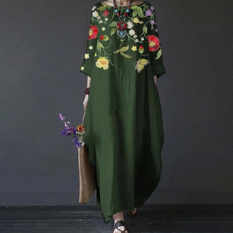 Women's Maxi Dress - Long Sleeved - Loose Fit - Embroidered Floral Design - Bohemian Style