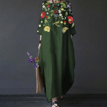 Women's Maxi Dress - Long Sleeved - Loose Fit - Embroidered Floral Design - Bohemian Style