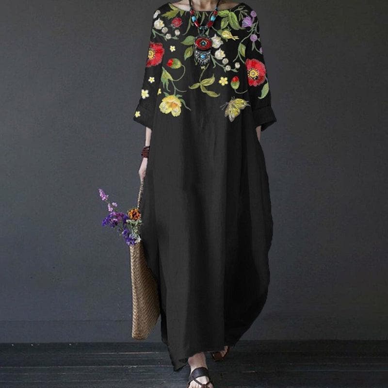 Women's Maxi Dress - Long Sleeved - Loose Fit - Embroidered Floral Design - Bohemian Style