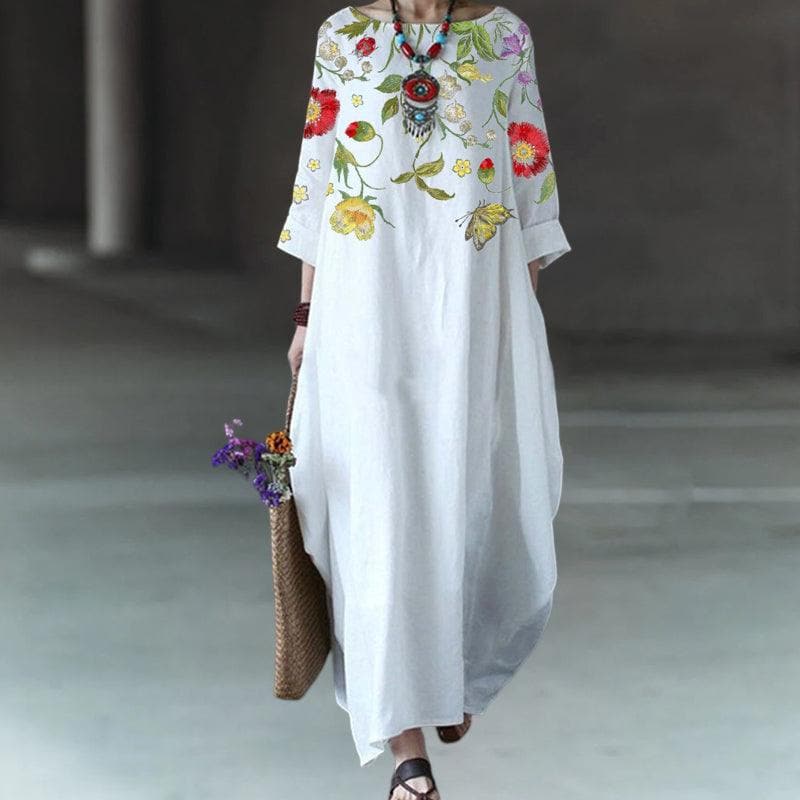 Women's Maxi Dress - Long Sleeved - Loose Fit - Embroidered Floral Design - Bohemian Style