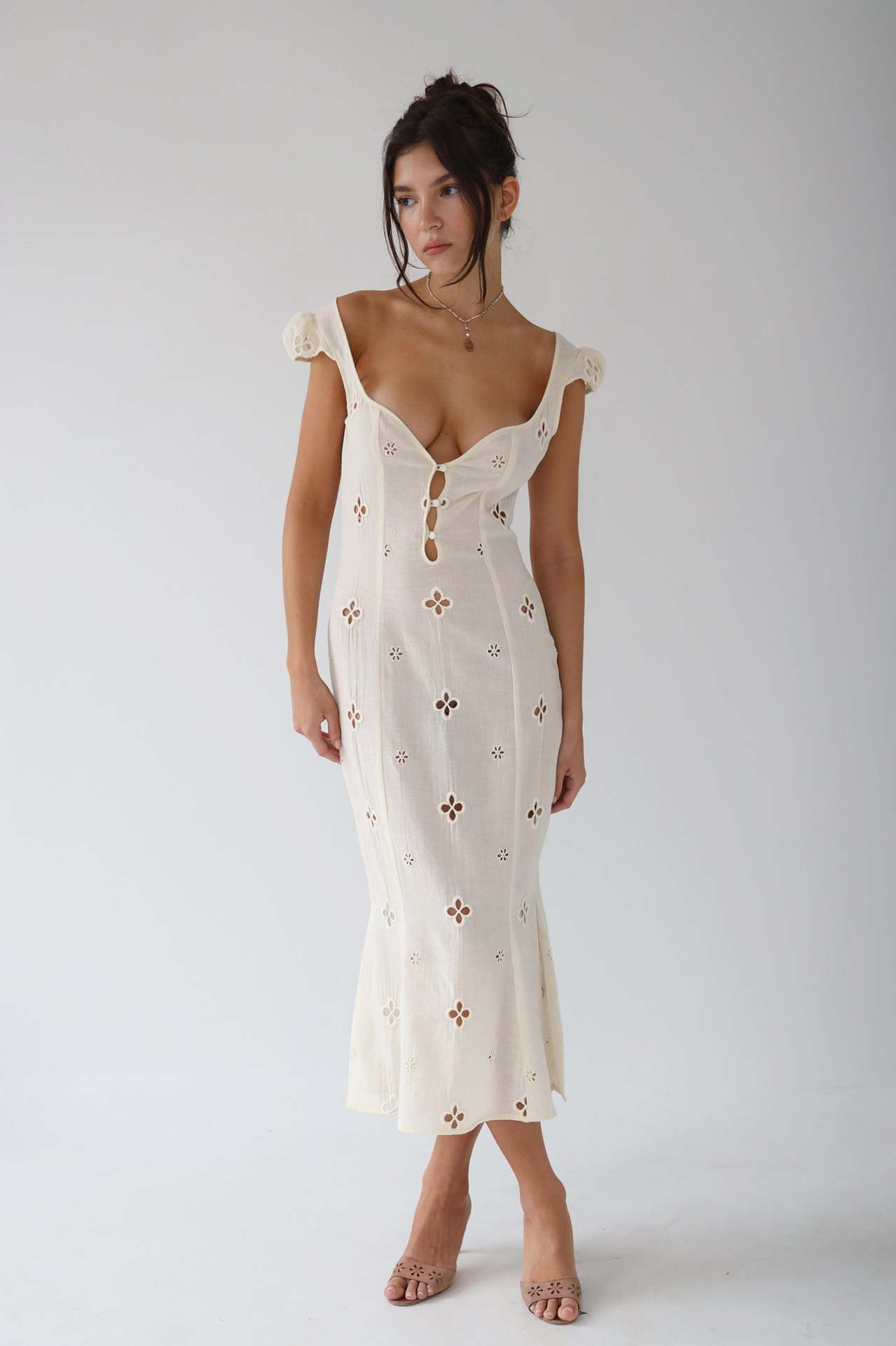 Dress for Women – Midi Length – Tight Fit – Embroidered and Cut Out – V-Neck