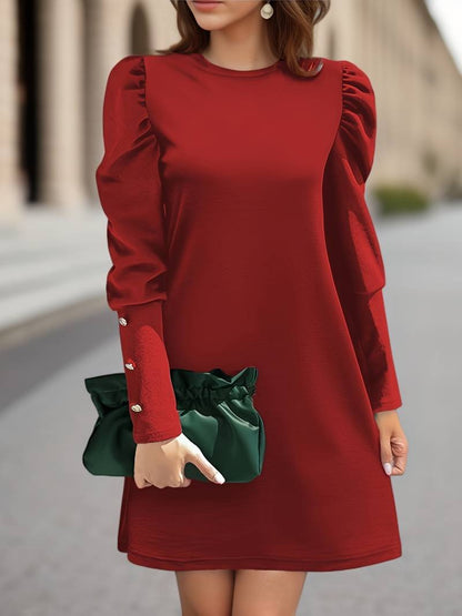 Dress for Women – Elegant A-Line – Puff Sleeves – Knee-Length – Button Details