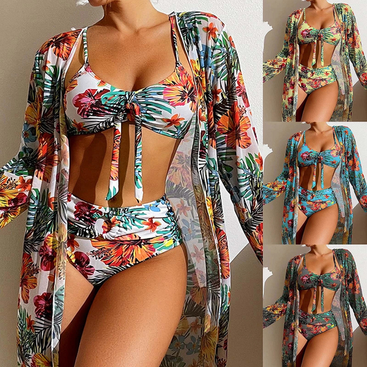 Women's Bikini Top and High Waist Bikini Bottom – 3-Piece Set with Sheer Cover-Up