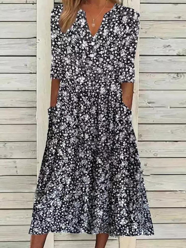 Dress for Women - Midi Length - V-neck - Floral Print - A-line Fit - 3/4 Sleeves