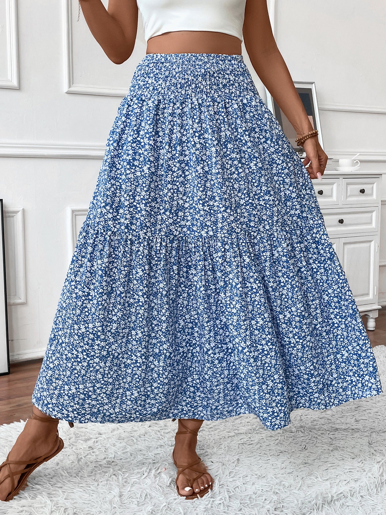 Long Skirt for Women - Elastic Waist - Ruffle Pattern - Floral Print