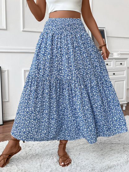 Long Skirt for Women - Elastic Waist - Ruffle Pattern - Floral Print