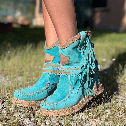 Women's Ankle Boots with Western Fringes – Mid-Calf – Unique Azure Blue Design