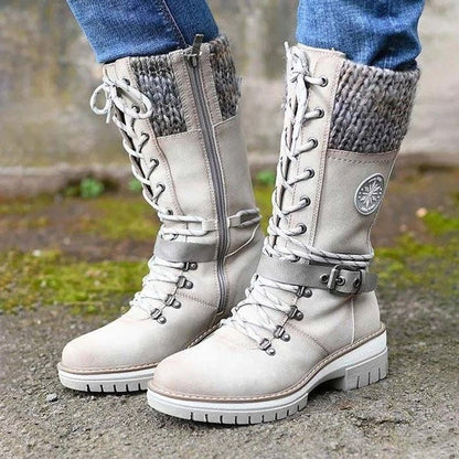 Women's Boots – Mid-Calf Lacing – Knitted Cuff – Zipper – Chunky Sole