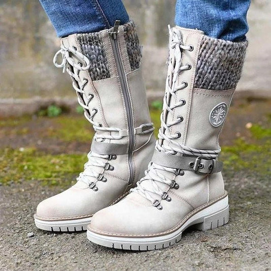 Women's Boots – Mid-Calf Lacing – Knitted Cuff – Zipper – Chunky Sole