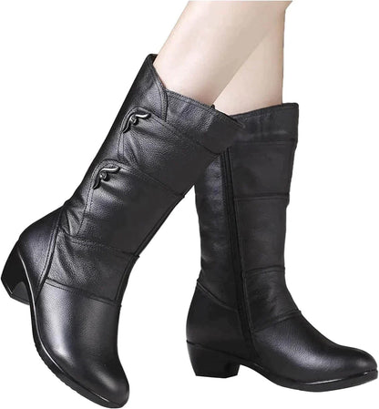 Women's Mid-Calf Boots – Leather-Like Finish – Zipper – Low Heel – Elegant Fit