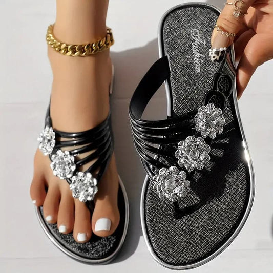 Women's Sandals - Toe Split - Floral Pattern with Crystals - Comfortable Sole