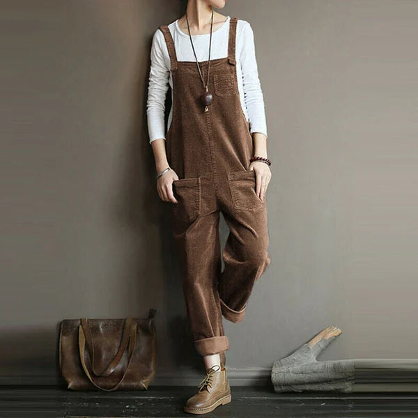 Women's Overall Pants – Relaxed Fit – Textured Ribbed Fabric – Adjustable Straps – Full Length